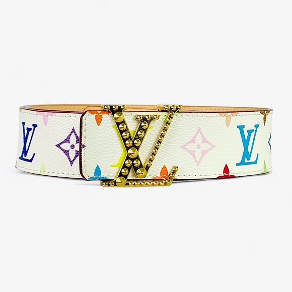 LOUIS VUITTON Murakami Monogram Multicolor Studded LV Initiales Belt 90 36 White - Picture 8 of 15